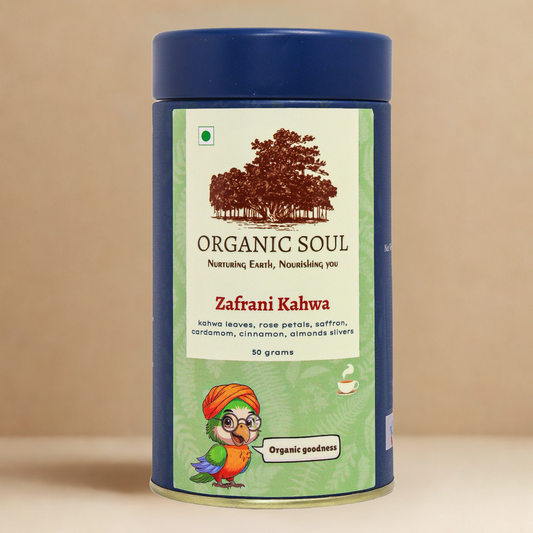 Organic Soul - Zafrani Kahwa | Green Tea, Cardamom, Cinnamon, Saffron, Rose Petals, Almond | 50 gm