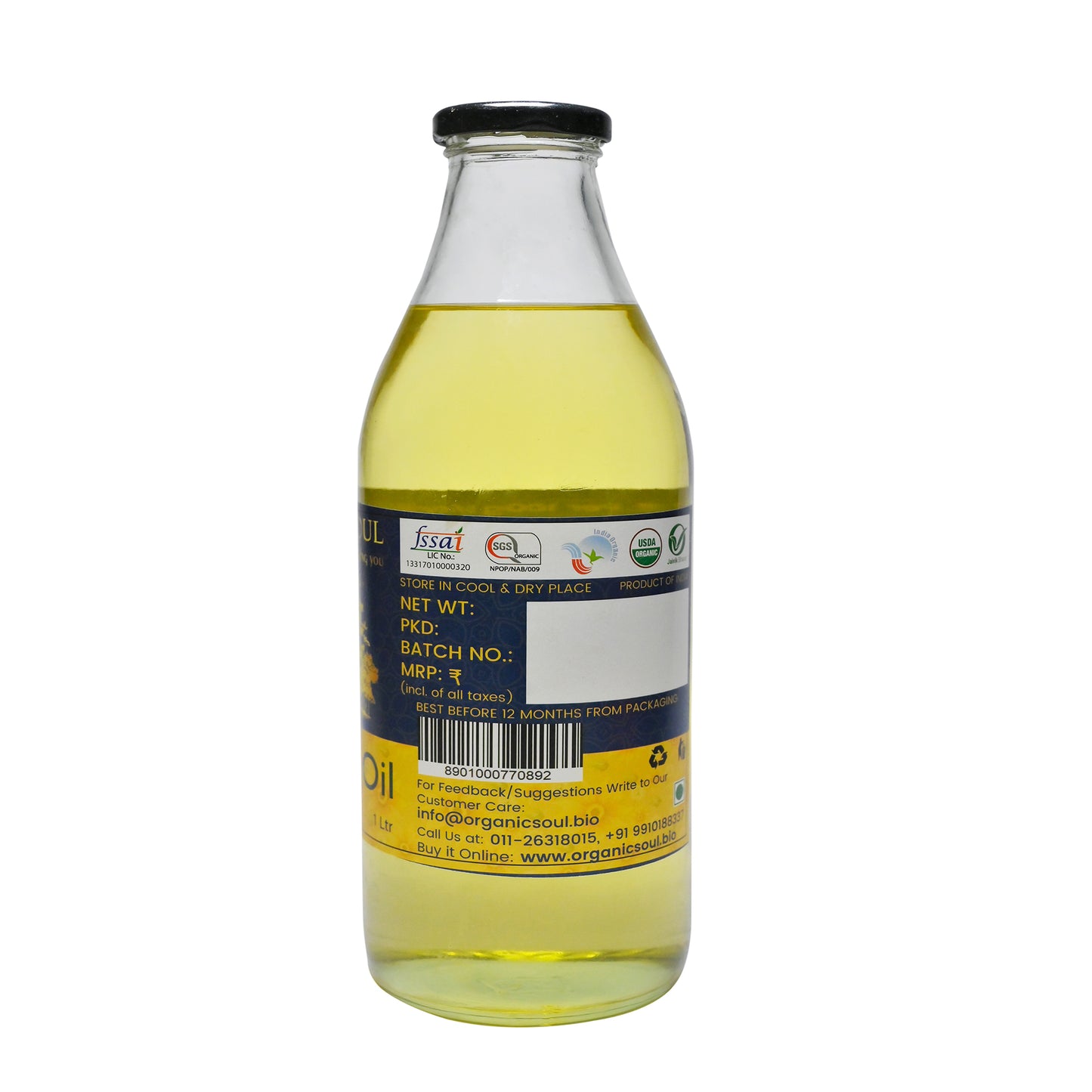 Organic Soul - Organic Cold Pressed Sunflower Oil, 1L | Kolhu/Chekku, Chemical-Free | Wood Pressed for Cooking