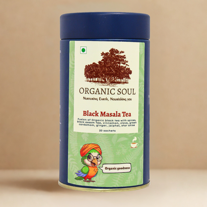 Organic Soul - Black Masala Tea | Black Tea, Cinnamon, Clove, Cardamom, Ginger, Nutmeg, Star Anise | 20 Sachets (36 gm)