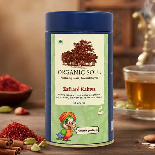 Organic Soul - Zafrani Kahwa | Green Tea, Cardamom, Cinnamon, Saffron, Rose Petals, Almond | 50 gm