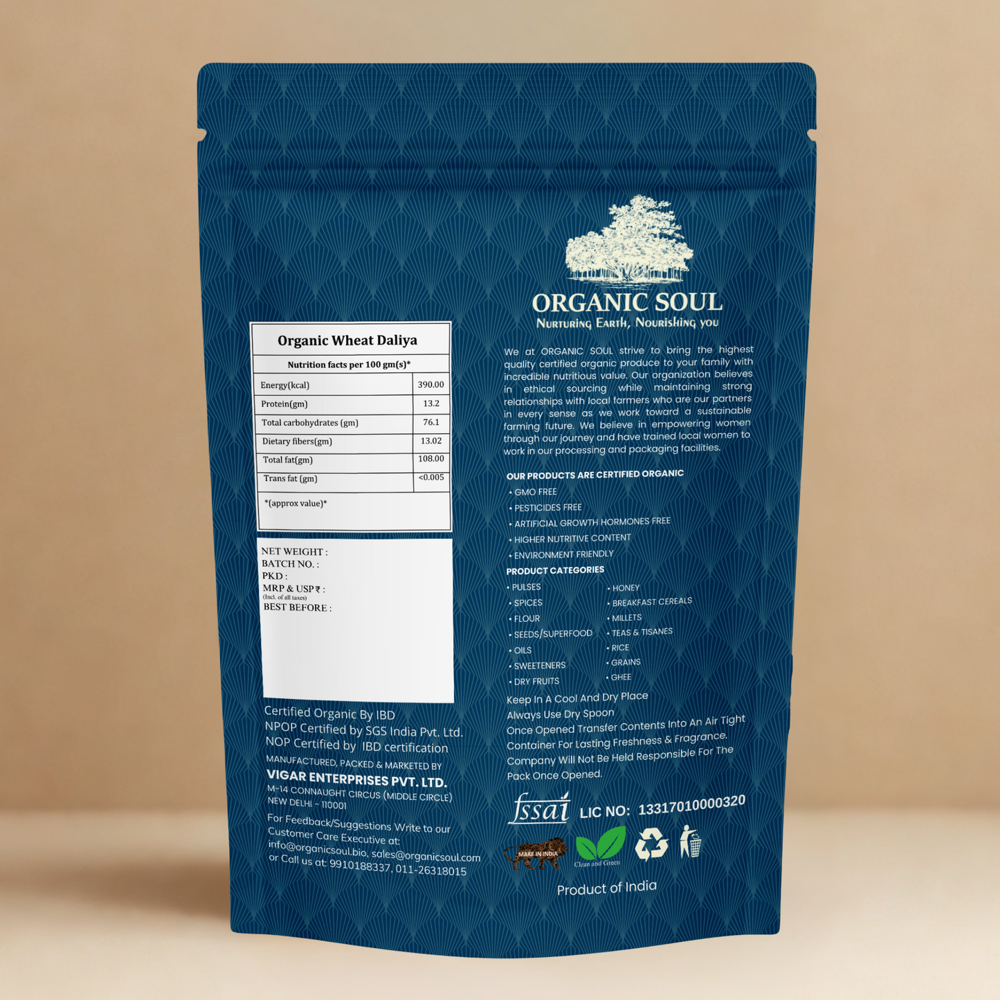 Organic Soul Wheat Daliya – 900gm | 100% Certified Organic | Unpolished | Non-GMO