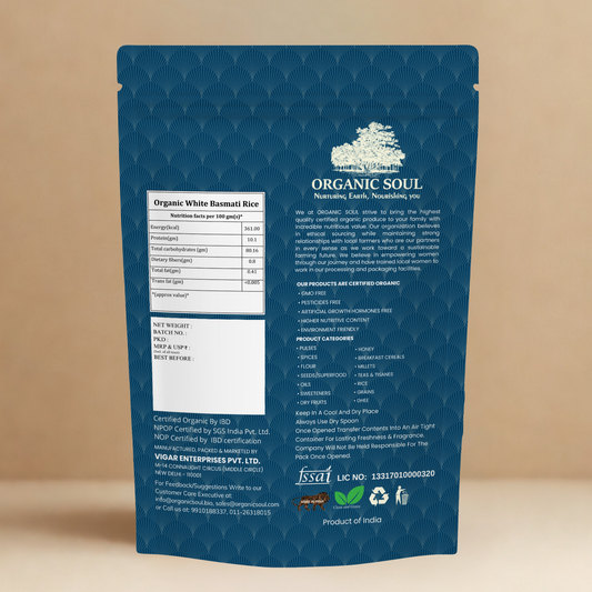 Organic Soul White Basmati Rice – 900gm | 100% Certified Organic | Unpolished | Non-GMO