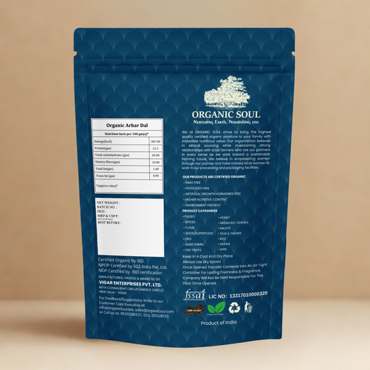 Organic Soul Arhar Dal – 900gm | 100% Certified Organic | Non-GMO | Unpolished