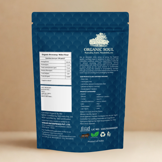 Organic Soul Browntop Millet Flour – 900gm | 100% Certified Organic | Unpolished | Non-GMO