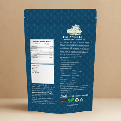 Organic Soul Masoor Dal Red Split – 900gm | 100% Certified Organic | Non-GMO | Unpolished
