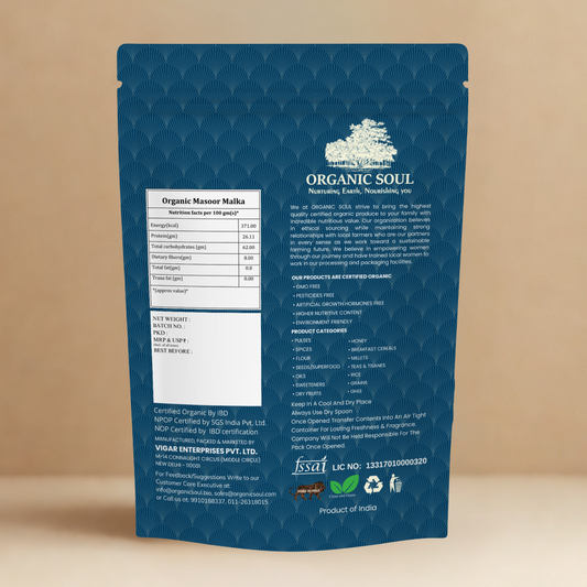 Organic Soul Masoor Dal Red Split – 900gm | 100% Certified Organic | Non-GMO | Unpolished