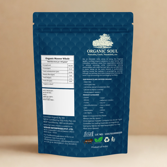 Organic Soul Masoor Daal Whole – 900gm | 100% Certified Organic | Non-GMO | Unpolished
